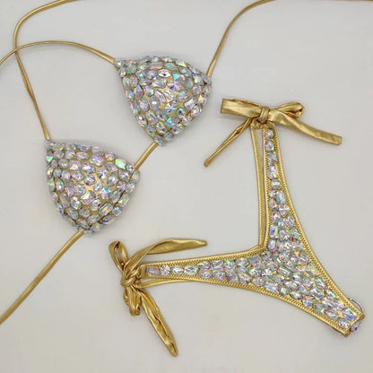 2021    Venus Vacation latest design high quality sexy girl rhinestones pink  bling bikini swimwear