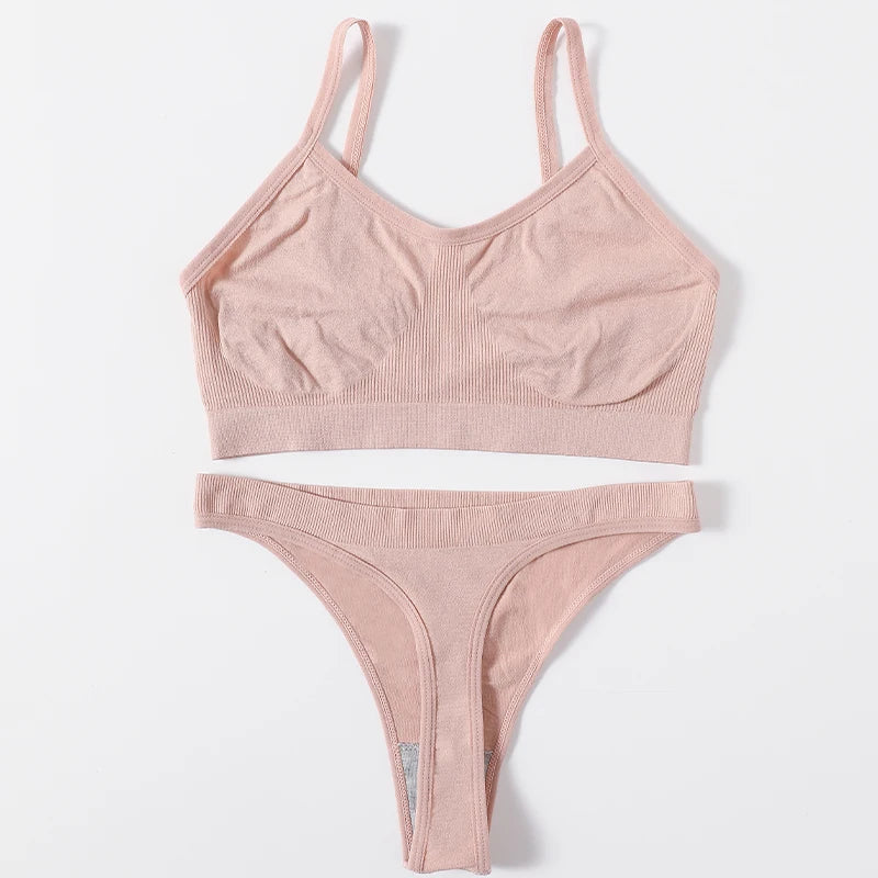 Women Seamless Bra Set Sports Thin Bra Female Comfort Underwear Set Low Wasit Thongs Wire Free Soft Crop Top Sexy Lingerie Set
