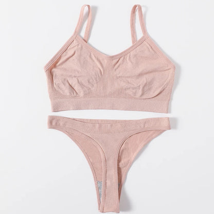 Women Seamless Bra Set Sports Thin Bra Female Comfort Underwear Set Low Wasit Thongs Wire Free Soft Crop Top Sexy Lingerie Set