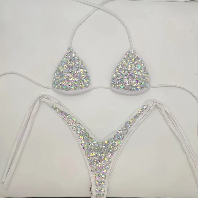 2021    Venus Vacation latest design high quality sexy girl rhinestones pink  bling bikini swimwear