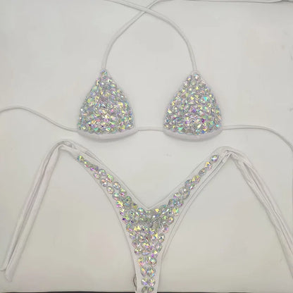 2021    Venus Vacation latest design high quality sexy girl rhinestones pink  bling bikini swimwear