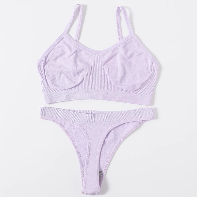 Women Seamless Bra Set Sports Thin Bra Female Comfort Underwear Set Low Wasit Thongs Wire Free Soft Crop Top Sexy Lingerie Set