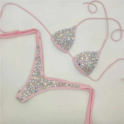 2021    Venus Vacation latest design high quality sexy girl rhinestones pink  bling bikini swimwear