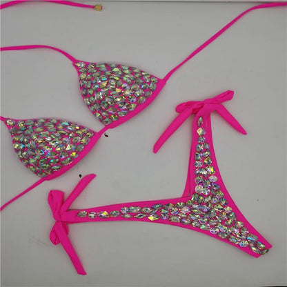 2021    Venus Vacation latest design high quality sexy girl rhinestones pink  bling bikini swimwear