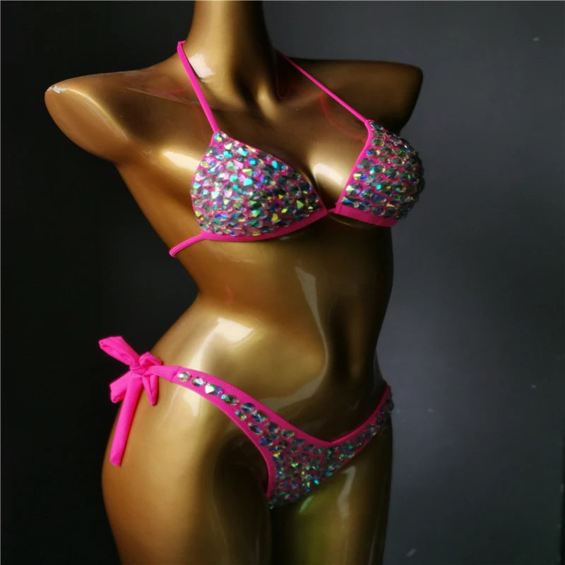 2021    Venus Vacation latest design high quality sexy girl rhinestones pink  bling bikini swimwear