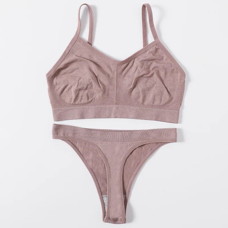 Women Seamless Bra Set Sports Thin Bra Female Comfort Underwear Set Low Wasit Thongs Wire Free Soft Crop Top Sexy Lingerie Set