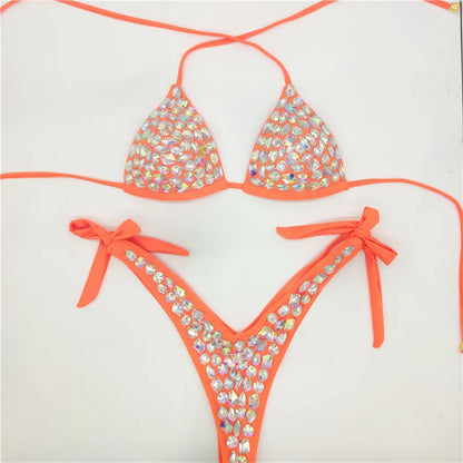 2021    Venus Vacation latest design high quality sexy girl rhinestones pink  bling bikini swimwear