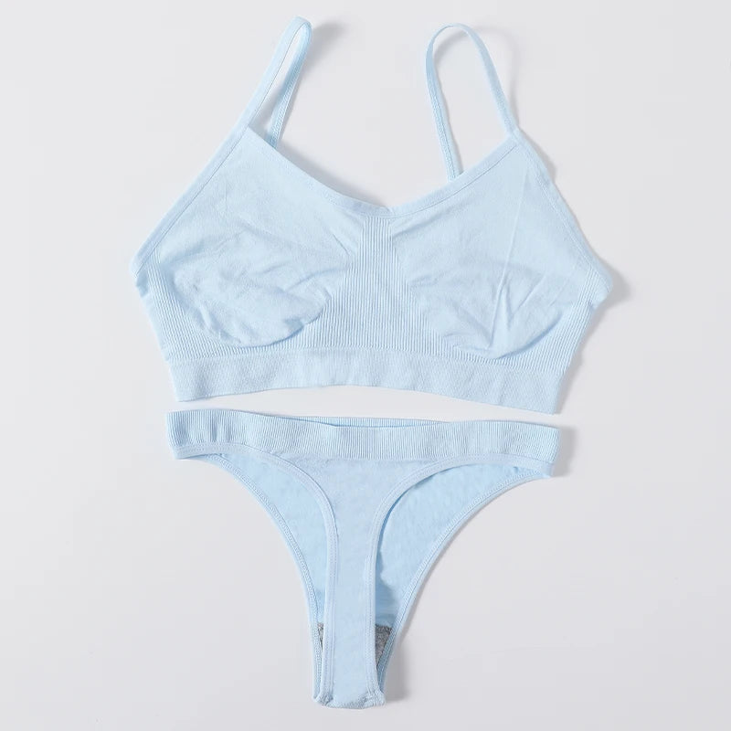 Women Seamless Bra Set Sports Thin Bra Female Comfort Underwear Set Low Wasit Thongs Wire Free Soft Crop Top Sexy Lingerie Set