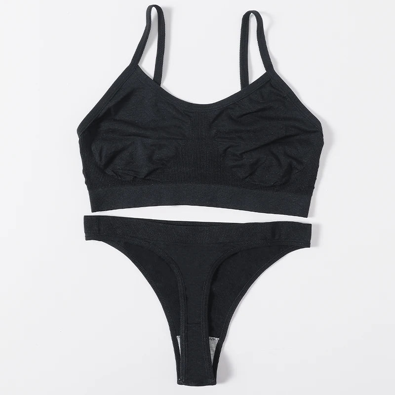 Women Seamless Bra Set Sports Thin Bra Female Comfort Underwear Set Low Wasit Thongs Wire Free Soft Crop Top Sexy Lingerie Set