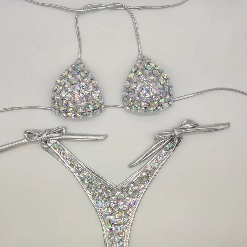 2021    Venus Vacation latest design high quality sexy girl rhinestones pink  bling bikini swimwear