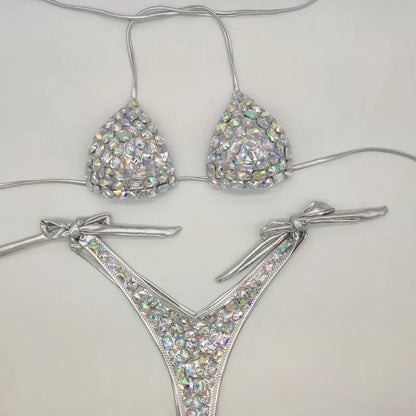 2021    Venus Vacation latest design high quality sexy girl rhinestones pink  bling bikini swimwear