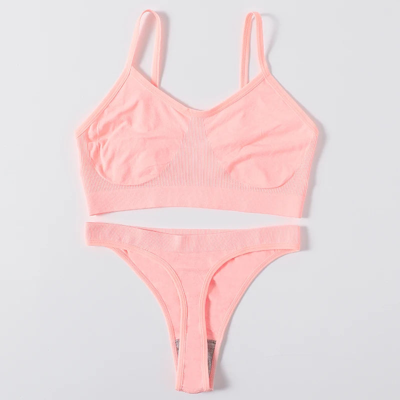 Women Seamless Bra Set Sports Thin Bra Female Comfort Underwear Set Low Wasit Thongs Wire Free Soft Crop Top Sexy Lingerie Set