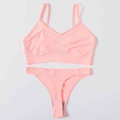 Women Seamless Bra Set Sports Thin Bra Female Comfort Underwear Set Low Wasit Thongs Wire Free Soft Crop Top Sexy Lingerie Set