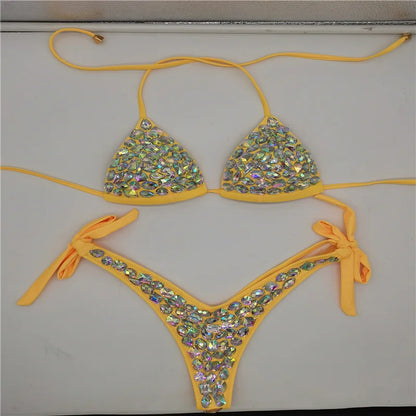 2021    Venus Vacation latest design high quality sexy girl rhinestones pink  bling bikini swimwear