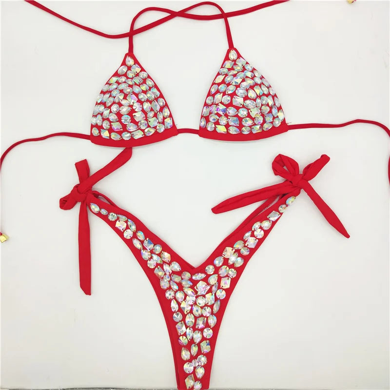 2021    Venus Vacation latest design high quality sexy girl rhinestones pink  bling bikini swimwear