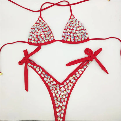 2021    Venus Vacation latest design high quality sexy girl rhinestones pink  bling bikini swimwear