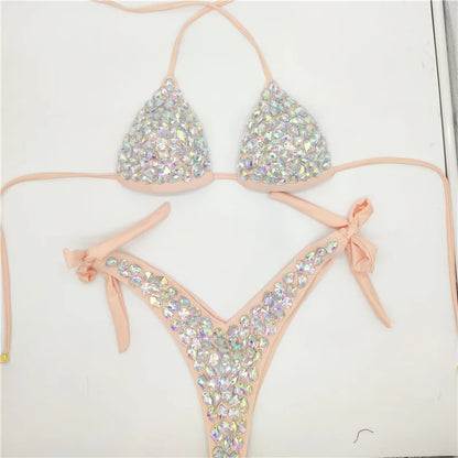 2021    Venus Vacation latest design high quality sexy girl rhinestones pink  bling bikini swimwear