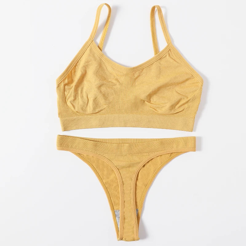 Women Seamless Bra Set Sports Thin Bra Female Comfort Underwear Set Low Wasit Thongs Wire Free Soft Crop Top Sexy Lingerie Set