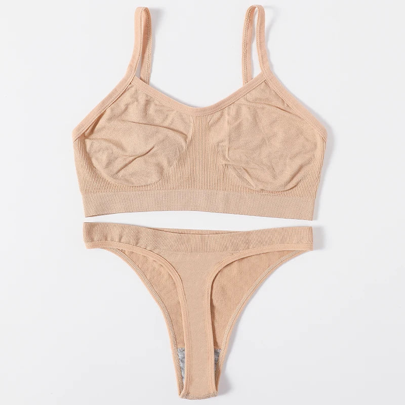 Women Seamless Bra Set Sports Thin Bra Female Comfort Underwear Set Low Wasit Thongs Wire Free Soft Crop Top Sexy Lingerie Set