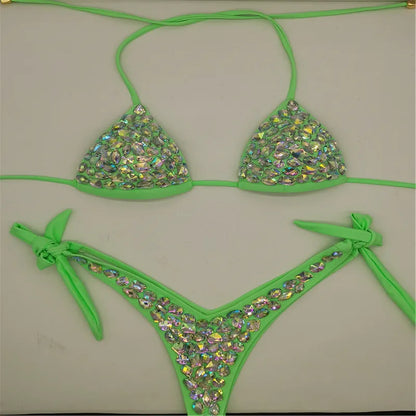 2021    Venus Vacation latest design high quality sexy girl rhinestones pink  bling bikini swimwear