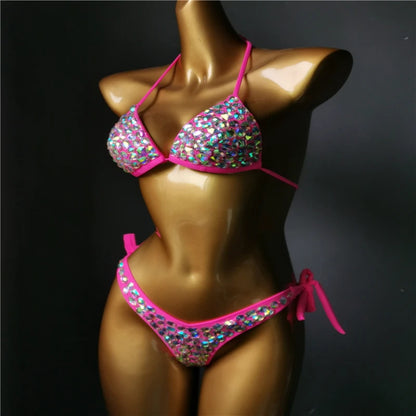 2021    Venus Vacation latest design high quality sexy girl rhinestones pink  bling bikini swimwear