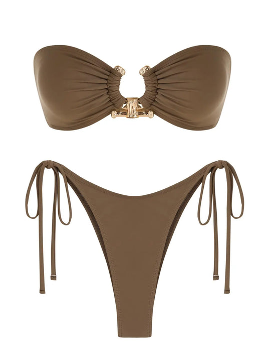 2024 New Swimsuit For Women Solid O Ring Tie Side Shiny Metal Hardware Ring Bandeau Bikini Swimwear Padded Bra Top Low Waisted