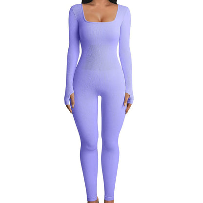 Solid Color Ribbed Yoga Jumpsuit, Seamless Slim Fit Long Sleeve Sports Bodysuit, Women's Activewear