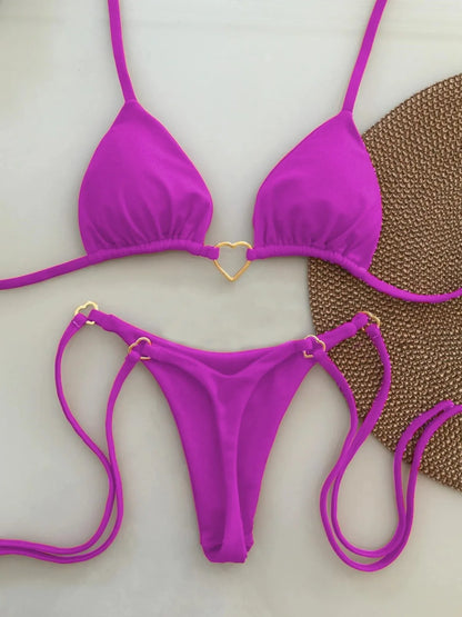Sexy Halter Solid Color Bikini Set Women Lace-up Swimsuit Two-piece Triangle Thong Swimwear Bathing Suit Brazilian Biquinis