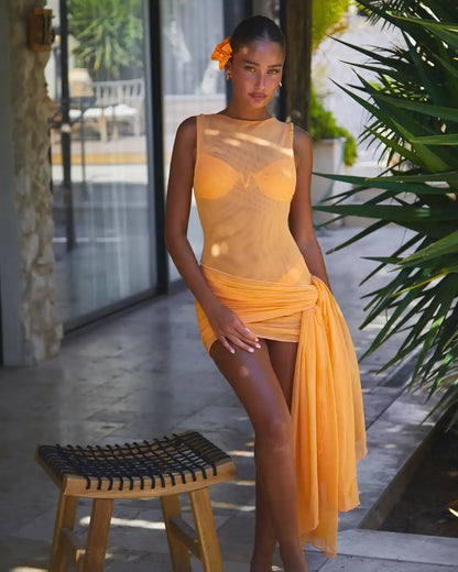 2025 Stylish Orange Sheer Bikini Set with Matching Wrap Skirt Perfect for Beach Wear Pool Parties Summer Getaways