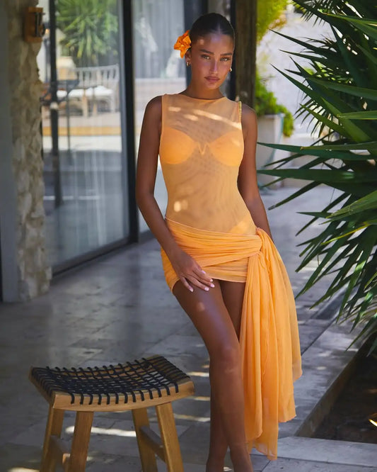 2025 Stylish Orange Sheer Bikini Set with Matching Wrap Skirt Perfect for Beach Wear Pool Parties Summer Getaways