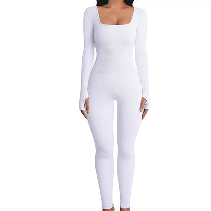 Solid Color Ribbed Yoga Jumpsuit, Seamless Slim Fit Long Sleeve Sports Bodysuit, Women's Activewear