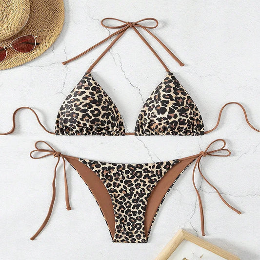 2025 Sexy Leopard Print Two Piece Swimsuit Set Triangle Bra Suspender Halter Backless Bikini Set Beach Vacation Lace-up Swimwear