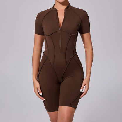 Summer Zipper Workout Jumpsuit Sports Overalls Women Running Fitness Short Sleeve Yoga Bodysuit