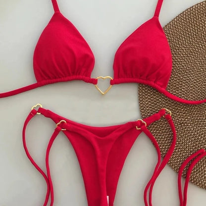 Sexy Halter Solid Color Bikini Set Women Lace-up Swimsuit Two-piece Triangle Thong Swimwear Bathing Suit Brazilian Biquinis