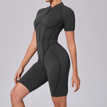 Summer Zipper Workout Jumpsuit Sports Overalls Women Running Fitness Short Sleeve Yoga Bodysuit