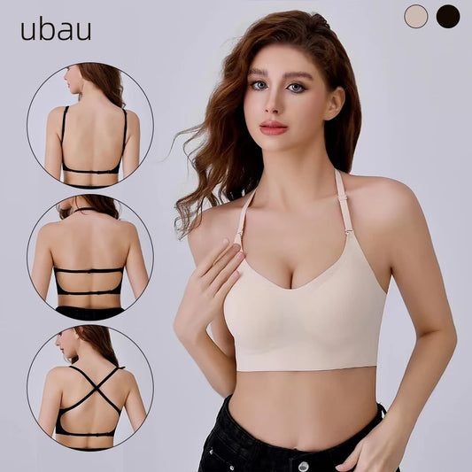 【2025 New】UBAU Wireless Seamless Bra for Women AB Cup - Gathered Push Up V-Neck Comfort Bralette Lingerie