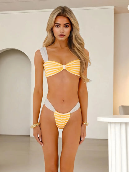 2025 New Sexy Knitted 3 Piece Bikini Sets Women Yellow Stripes Swimwear Stretchy Bathing Suit Long Skirt High Waist Bikini K188
