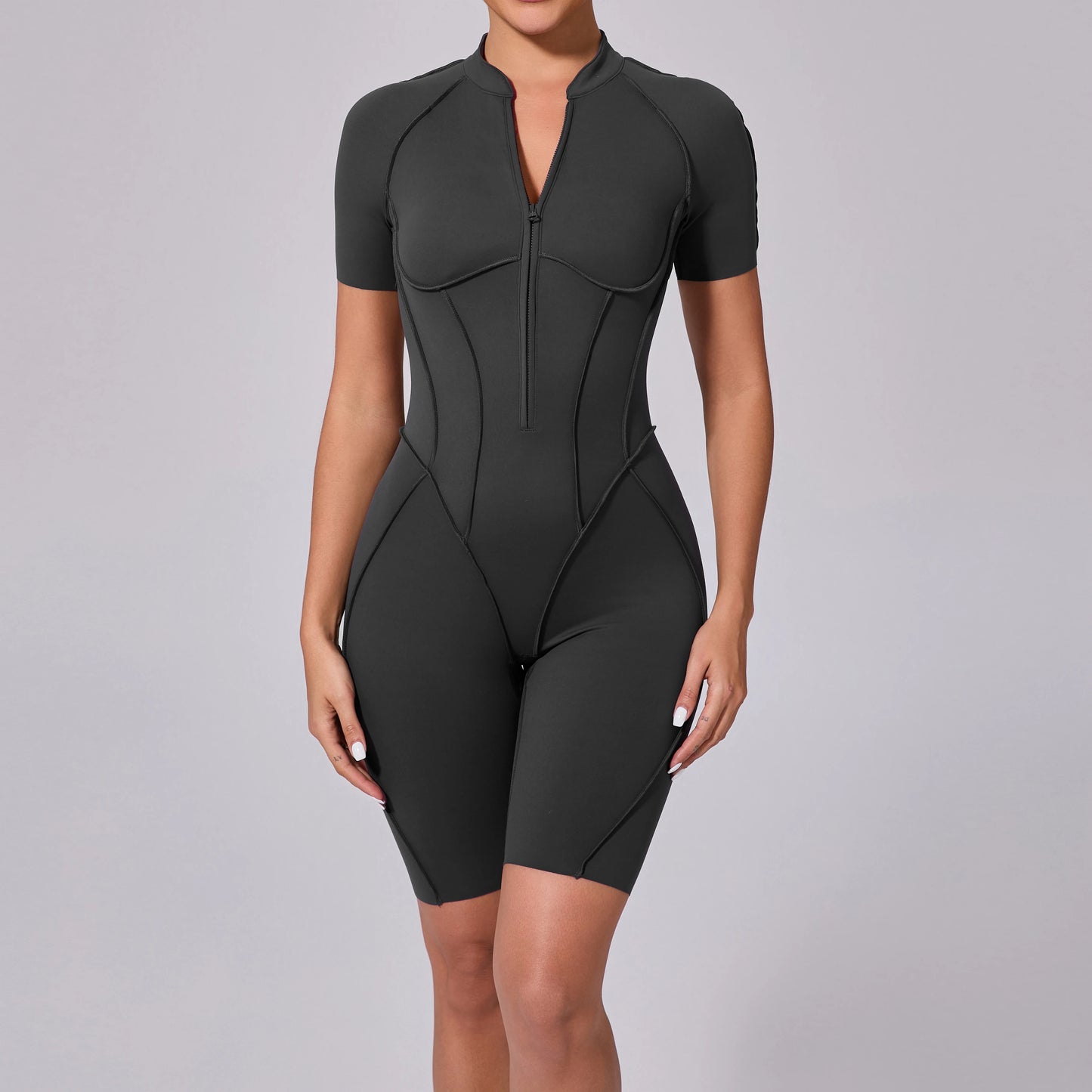 Summer Zipper Workout Jumpsuit Sports Overalls Women Running Fitness Short Sleeve Yoga Bodysuit