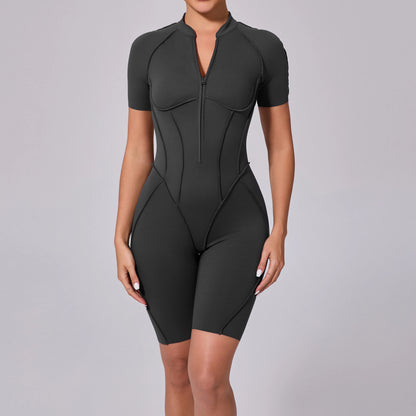 Summer Zipper Workout Jumpsuit Sports Overalls Women Running Fitness Short Sleeve Yoga Bodysuit