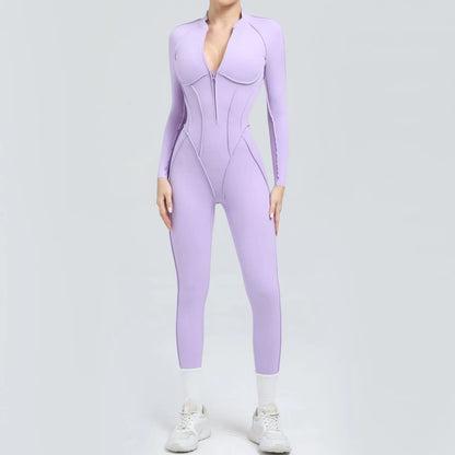2025 Women's One-piece Yoga Jumpsuit leggings Zipper Nylon Long-sleeved Sexy Backless Slim Fit Sports Outfit with chest pad