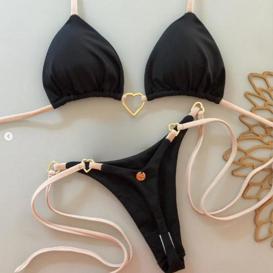 Sexy Halter Solid Color Bikini Set Women Lace-up Swimsuit Two-piece Triangle Thong Swimwear Bathing Suit Brazilian Biquinis