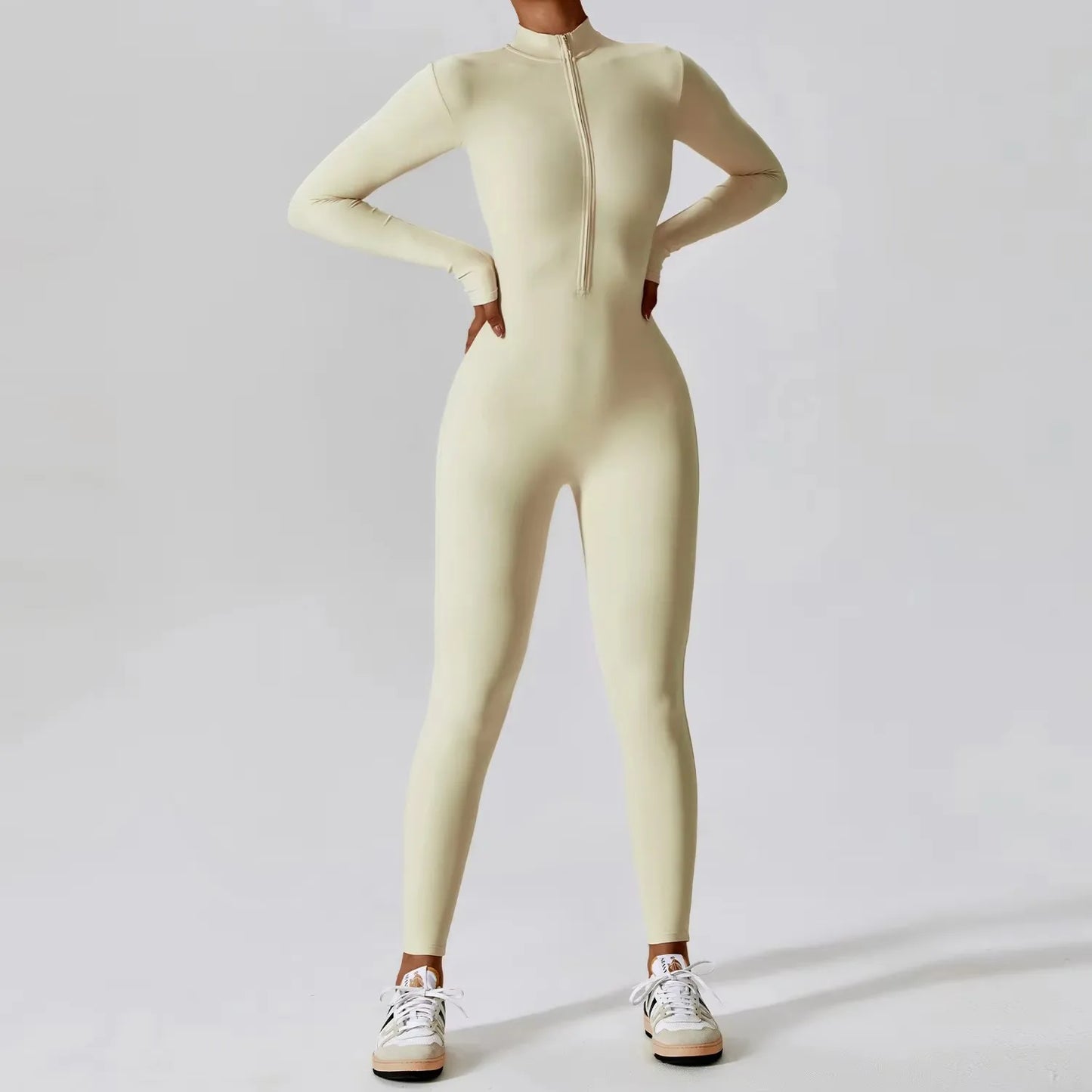 One-piece Skin-tight Garment Yoga Boilersuit Long Sleeved Women's Sportswear Gym Zipper Jumpsuits Workout High-intensity Fitness