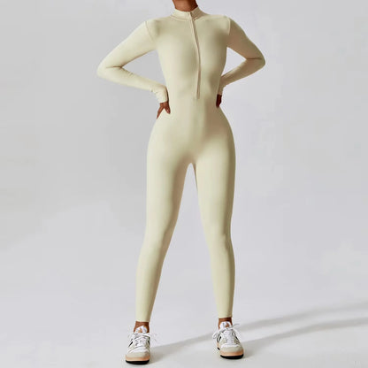 One-piece Skin-tight Garment Yoga Boilersuit Long Sleeved Women's Sportswear Gym Zipper Jumpsuits Workout High-intensity Fitness