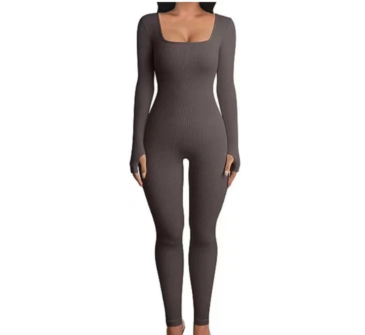 Solid Color Ribbed Yoga Jumpsuit, Seamless Slim Fit Long Sleeve Sports Bodysuit, Women's Activewear