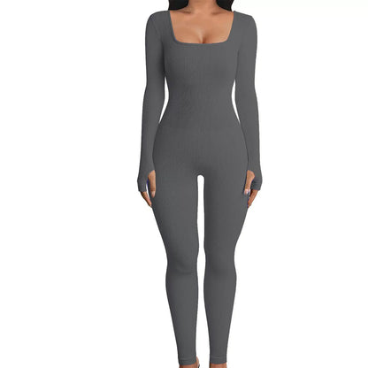 Solid Color Ribbed Yoga Jumpsuit, Seamless Slim Fit Long Sleeve Sports Bodysuit, Women's Activewear