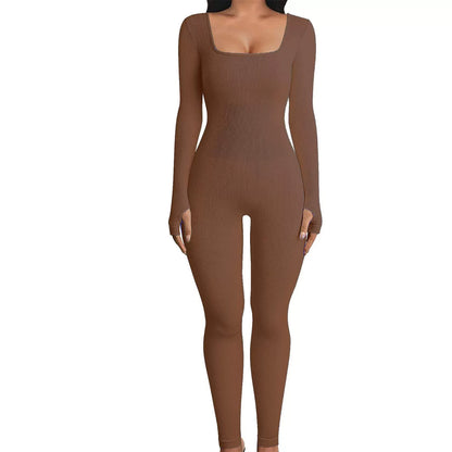 Solid Color Ribbed Yoga Jumpsuit, Seamless Slim Fit Long Sleeve Sports Bodysuit, Women's Activewear