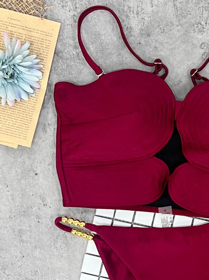 Deep Red Women Swimwear Set with Soft Elastic Fabric Pearl Beading Stylish Beachwear for Summer Light Background Contrast Design