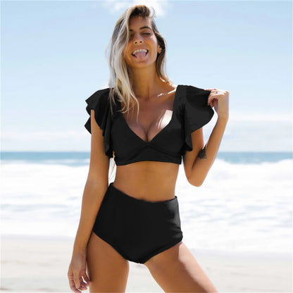 Floral Ruffled Hem Bikini Set Women Flora V-neck High-waisted Two Piece Swimsuit 2025 Girl Beach Bathing Suit Swimwear Biquinis