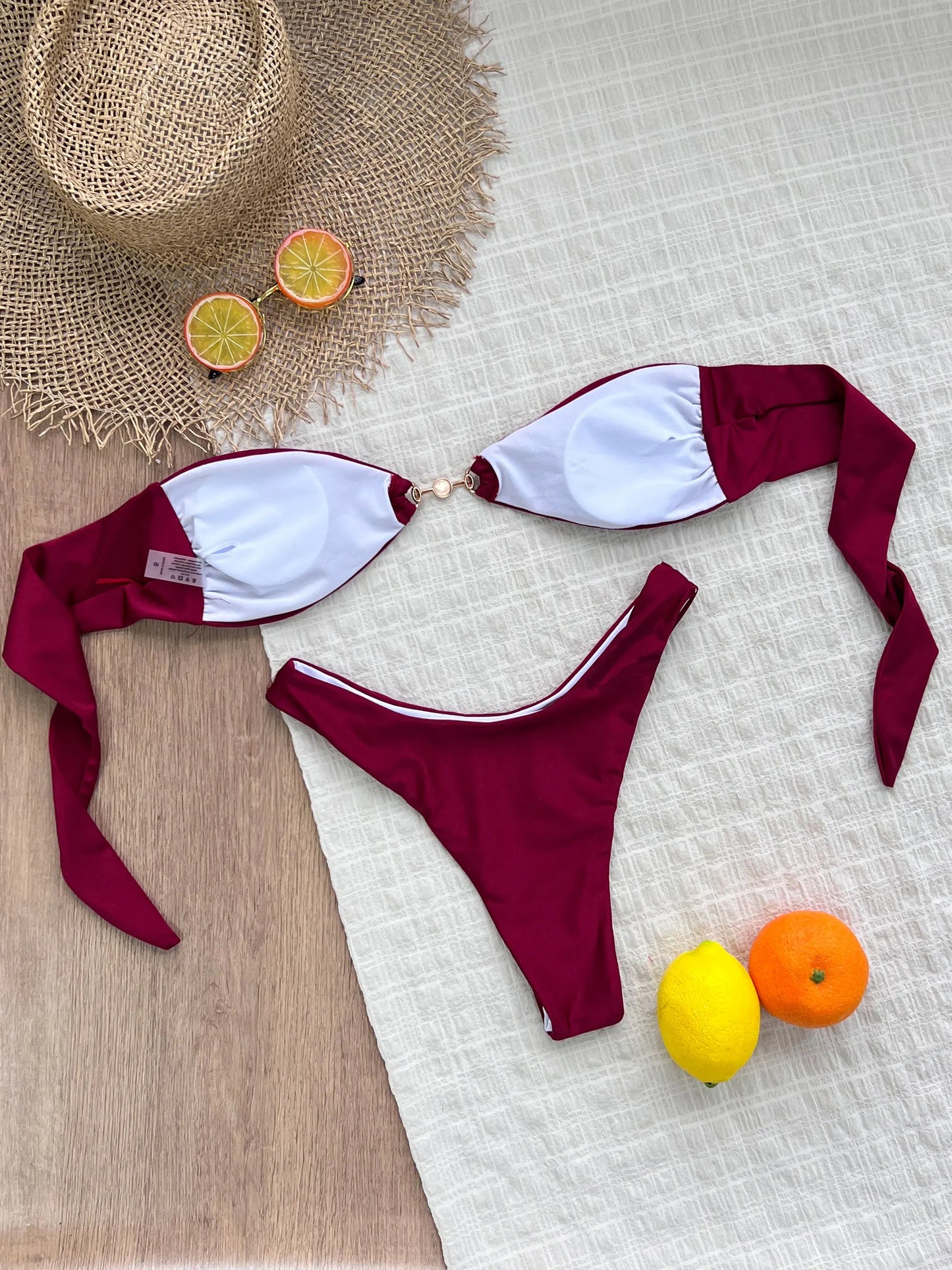 Deep Red Women Swimwear Set with Soft Elastic Fabric Pearl Beading Stylish Beachwear for Summer Light Background Contrast Design