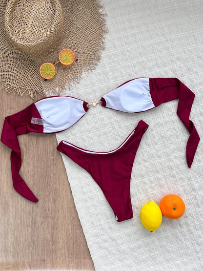 Deep Red Women Swimwear Set with Soft Elastic Fabric Pearl Beading Stylish Beachwear for Summer Light Background Contrast Design